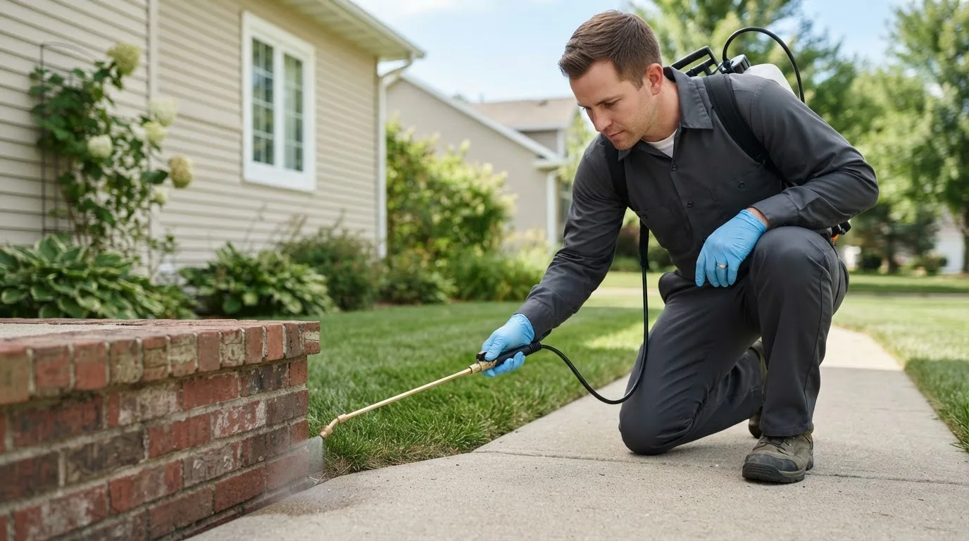 Pest control technician treating a home near Westhope, ND